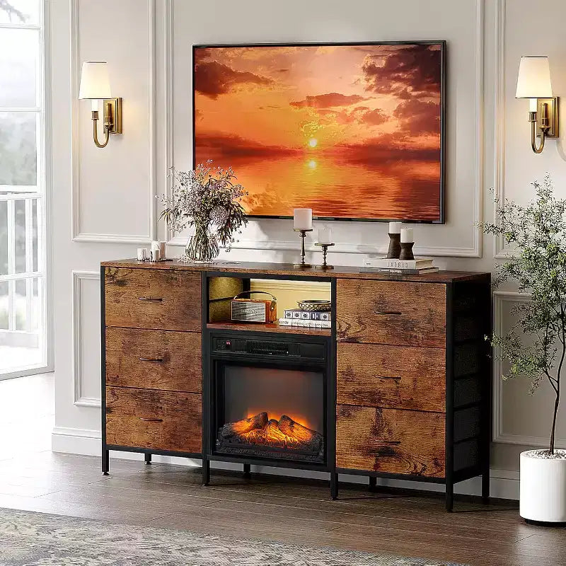 VINGLI Fireplace TV Stand Dresser with Fabric Drawer, Entertainment Center with LED Lights and Industrial TV Console Table with Open Storage Shelves