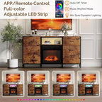 Meuble TV de cheminée VINGLI avec tiroir en tissu, centre de divertissement avec lumières LED et meuble TV console industriel avec étagères de rangement ouvertes