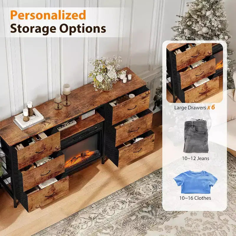 Meuble TV de cheminée VINGLI avec tiroir en tissu, centre de divertissement avec lumières LED et meuble TV console industriel avec étagères de rangement ouvertes