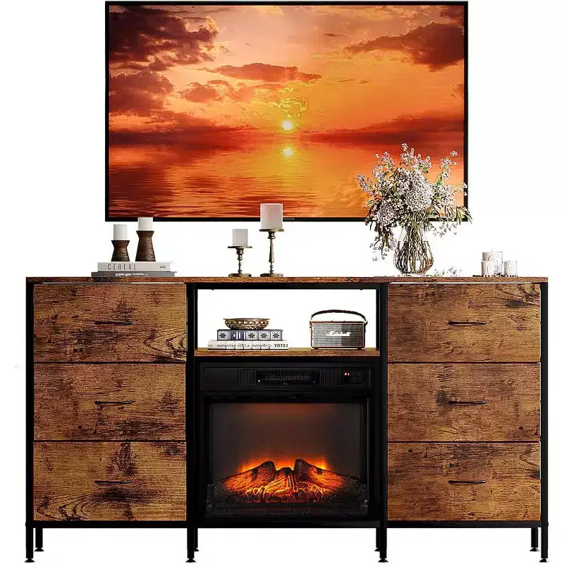 Meuble TV de cheminée VINGLI avec tiroir en tissu, centre de divertissement avec lumières LED et meuble TV console industriel avec étagères de rangement ouvertes