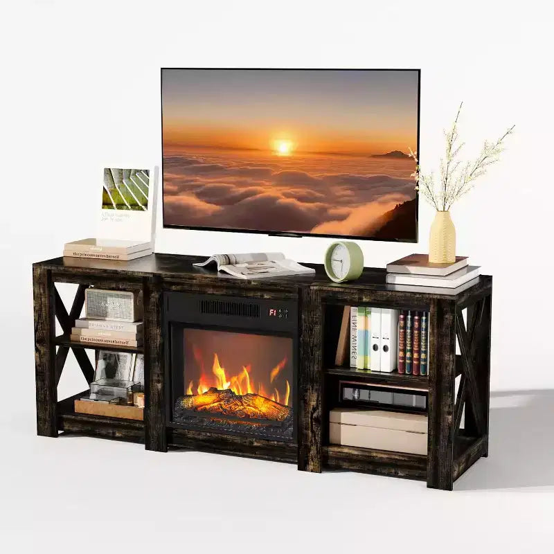 Meuble TV de ferme VINGLI pour téléviseurs jusqu'à 70 pouces, centre de divertissement avec chauffage électrique de cheminée et étagères réglables