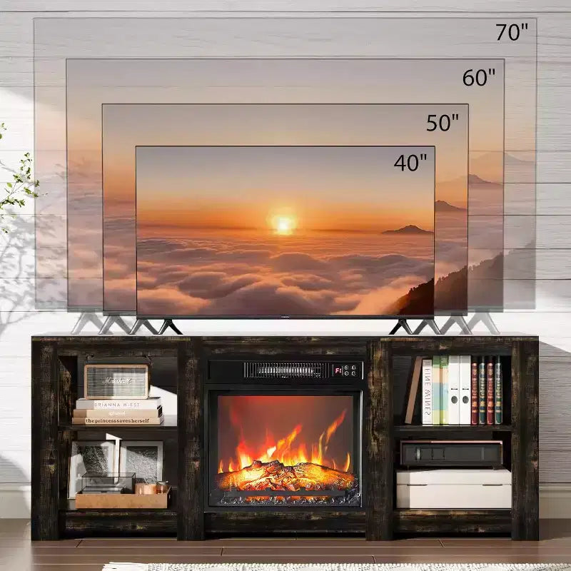 Meuble TV de ferme VINGLI pour téléviseurs jusqu'à 70 pouces, centre de divertissement avec chauffage électrique de cheminée et étagères réglables