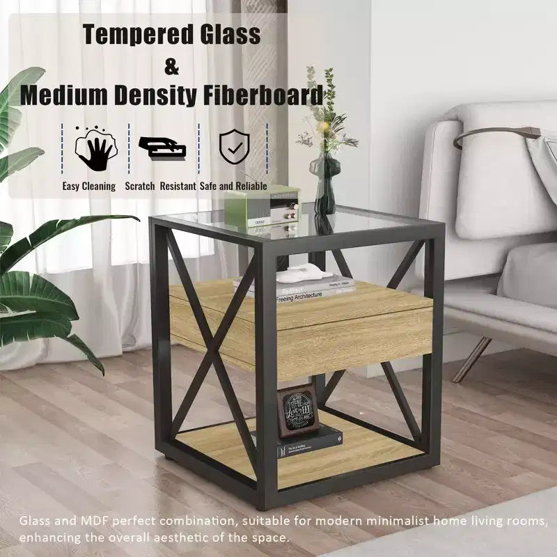 Table d'appoint moderne Okak avec tiroir, table d'appoint industrielle avec plateau en verre trempé, table de canapé pour salon, chambre à coucher