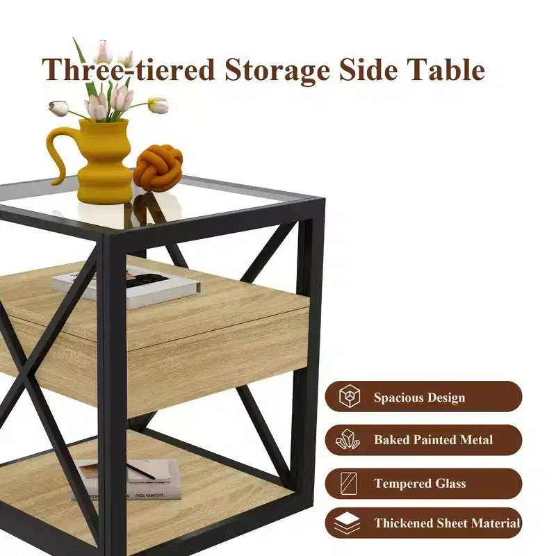 Table d'appoint moderne Okak avec tiroir, table d'appoint industrielle avec plateau en verre trempé, table de canapé pour salon, chambre à coucher
