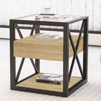 Table d'appoint moderne Okak avec tiroir, table d'appoint industrielle avec plateau en verre trempé, table de canapé pour salon, chambre à coucher