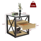 Table d'appoint moderne Okak avec tiroir, table d'appoint industrielle avec plateau en verre trempé, table de canapé pour salon, chambre à coucher