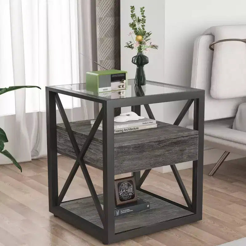 Table d'appoint moderne Okak avec tiroir, table d'appoint industrielle avec plateau en verre trempé, table de canapé pour salon, chambre à coucher