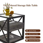 Table d'appoint moderne Okak avec tiroir, table d'appoint industrielle avec plateau en verre trempé, table de canapé pour salon, chambre à coucher