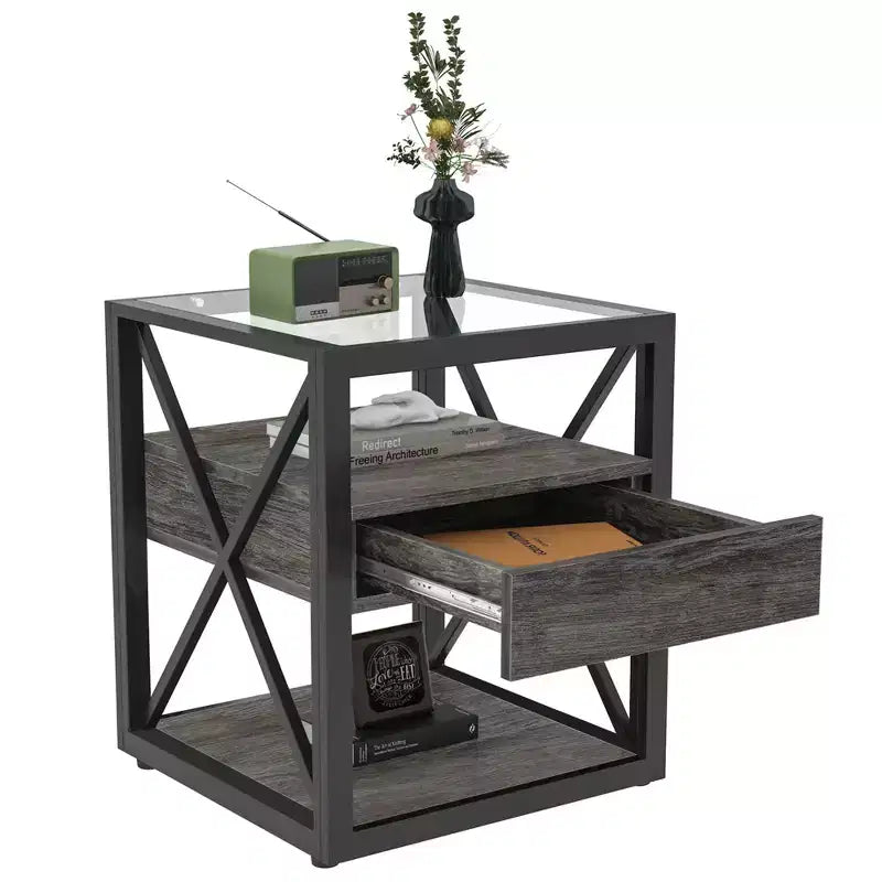 Table d'appoint moderne Okak avec tiroir, table d'appoint industrielle avec plateau en verre trempé, table de canapé pour salon, chambre à coucher