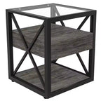Table d'appoint moderne Okak avec tiroir, table d'appoint industrielle avec plateau en verre trempé, table de canapé pour salon, chambre à coucher