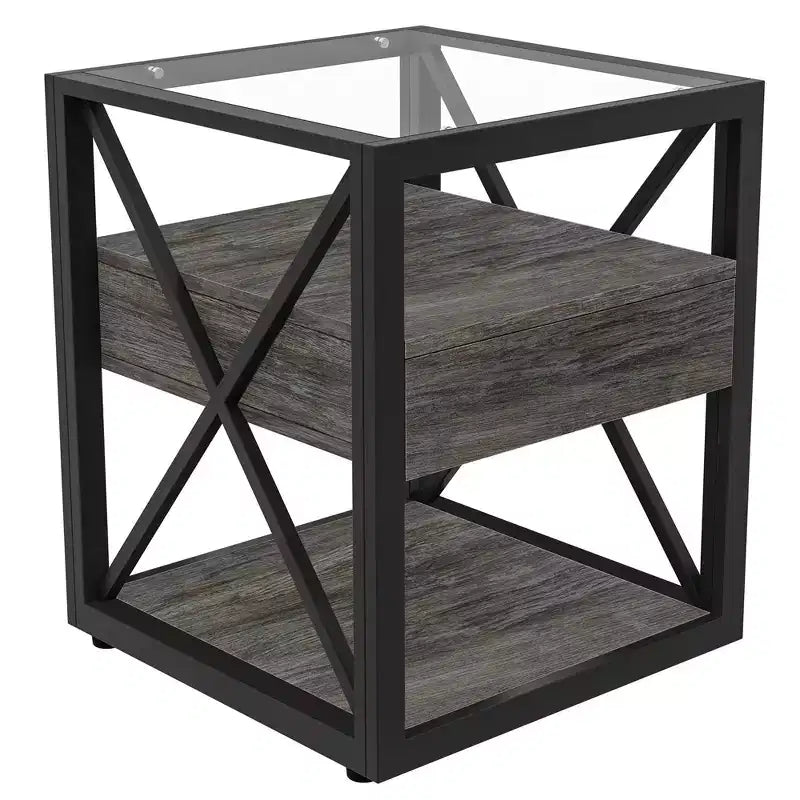 Table d'appoint moderne Okak avec tiroir, table d'appoint industrielle avec plateau en verre trempé, table de canapé pour salon, chambre à coucher