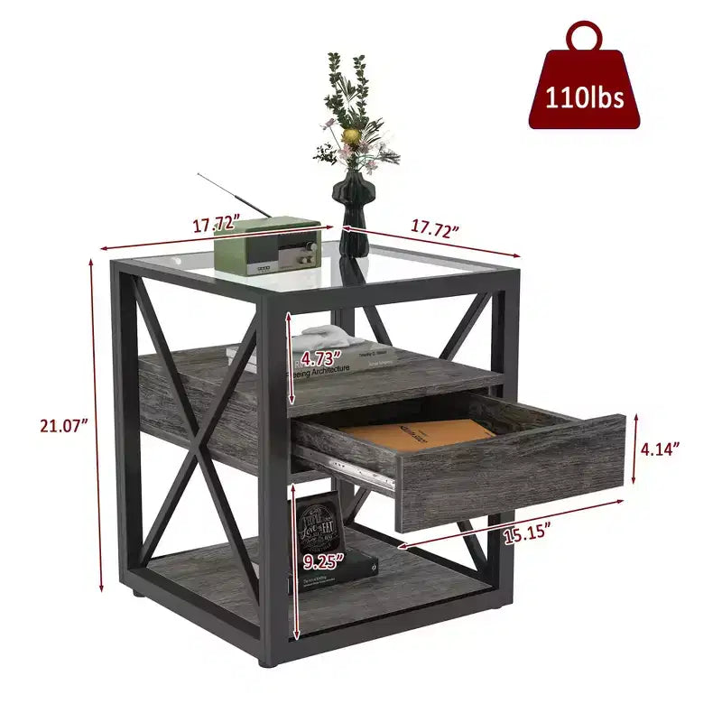 Table d'appoint moderne Okak avec tiroir, table d'appoint industrielle avec plateau en verre trempé, table de canapé pour salon, chambre à coucher