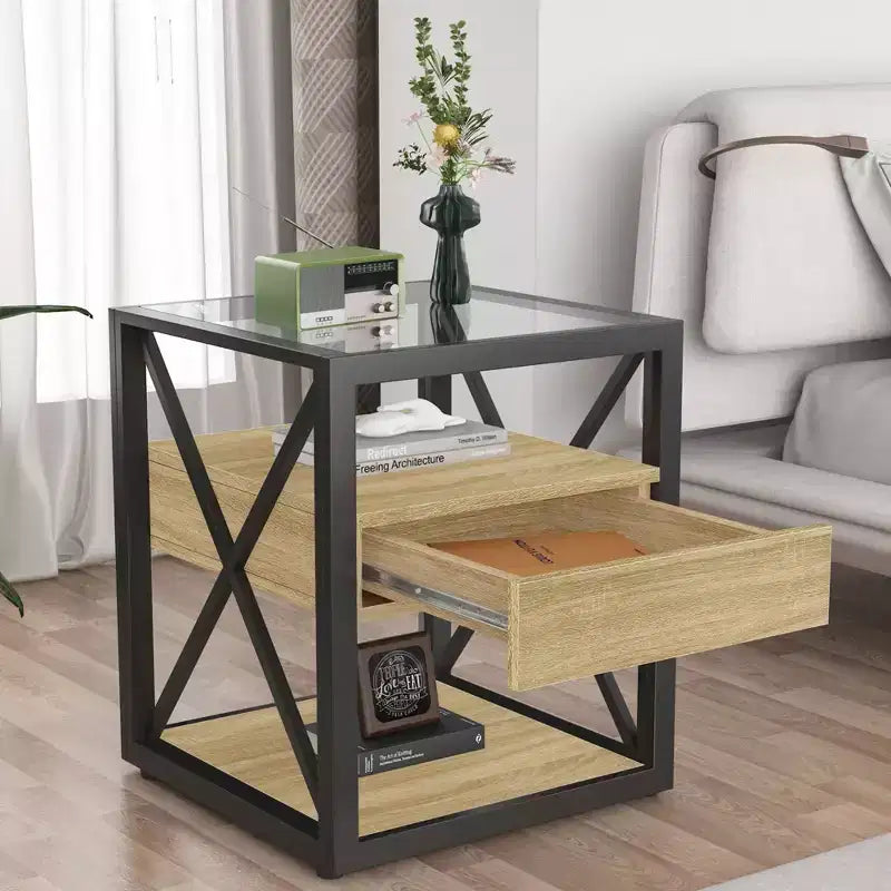 Table d'appoint moderne Okak avec tiroir, table d'appoint industrielle avec plateau en verre trempé, table de canapé pour salon, chambre à coucher