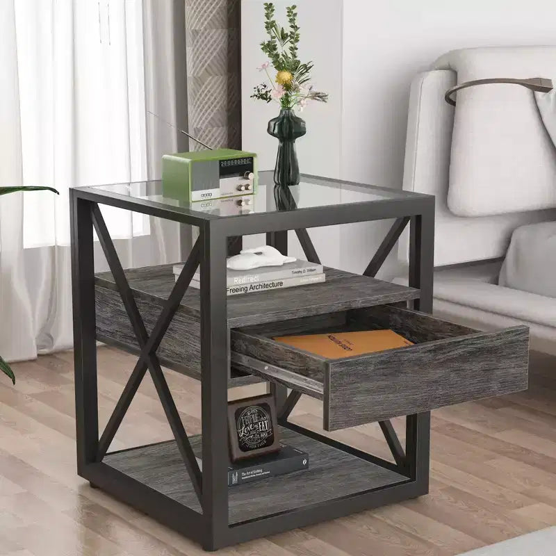 Table d'appoint moderne Okak avec tiroir, table d'appoint industrielle avec plateau en verre trempé, table de canapé pour salon, chambre à coucher