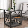 Table d'appoint moderne Okak avec tiroir, table d'appoint industrielle avec plateau en verre trempé, table de canapé pour salon, chambre à coucher