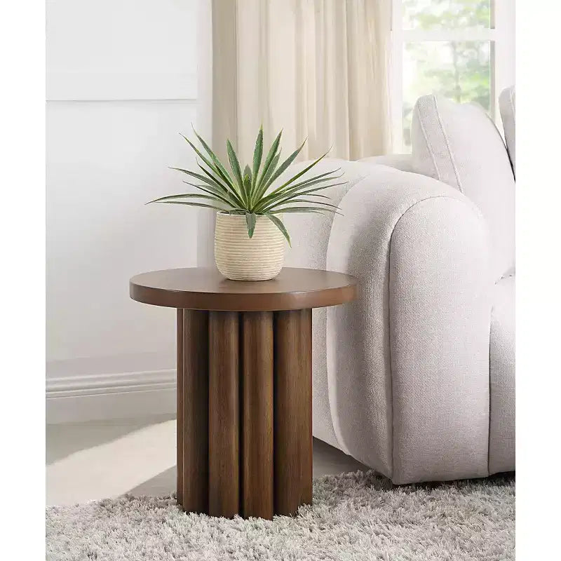 Table d'appoint ronde vintage Okak avec finition couleur bois, table d'appoint avec plateau épais, table de chevet pour salon, chambre, marron