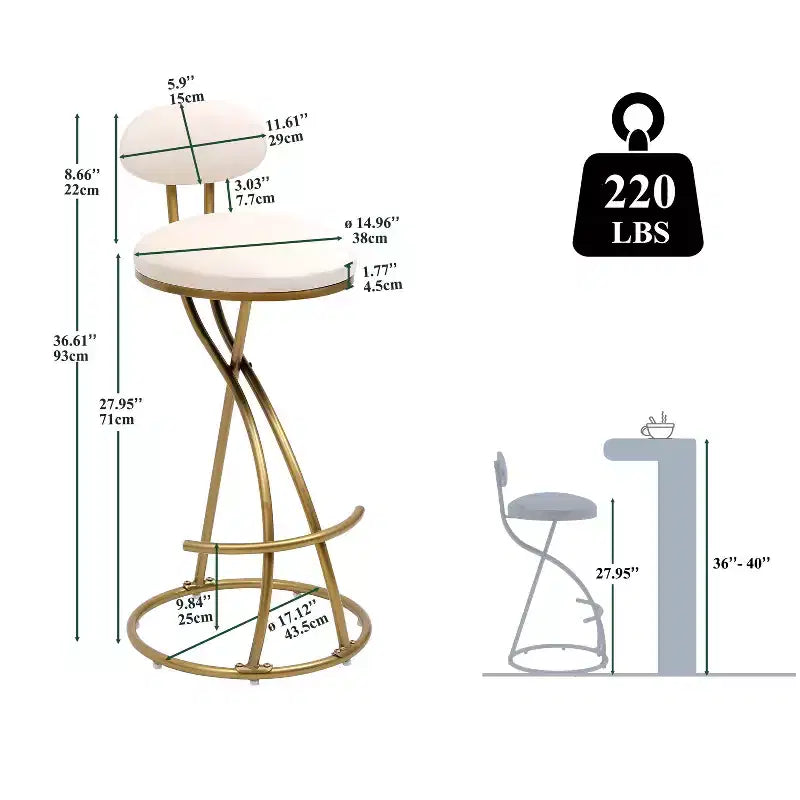Homy Casa Lot de 2 tabourets de bar en velours avec structure incurvée en métal doré et repose-pieds, hauteur d'assise 71 cm, blanc crème