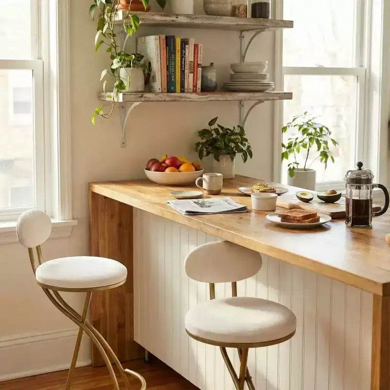Homy Casa Lot de 2 tabourets de bar en velours avec structure incurvée en métal doré et repose-pieds, hauteur d'assise 71 cm, blanc crème