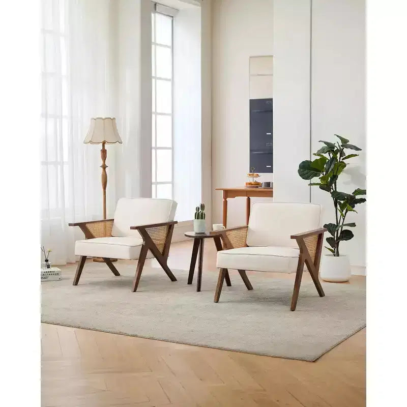 Fauteuil d'appoint avec coussin moelleux, fauteuil moderne du milieu du siècle avec cadre en bois d'hévéa, fauteuil de salon rembourré en tissu de lin pour salon, chambre à coucher