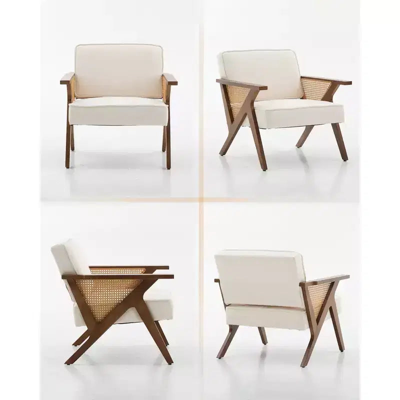 Fauteuil d'appoint avec coussin moelleux, fauteuil moderne du milieu du siècle avec cadre en bois d'hévéa, fauteuil de salon rembourré en tissu de lin pour salon, chambre à coucher
