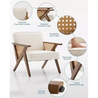 Fauteuil d'appoint avec coussin moelleux, fauteuil moderne du milieu du siècle avec cadre en bois d'hévéa, fauteuil de salon rembourré en tissu de lin pour salon, chambre à coucher