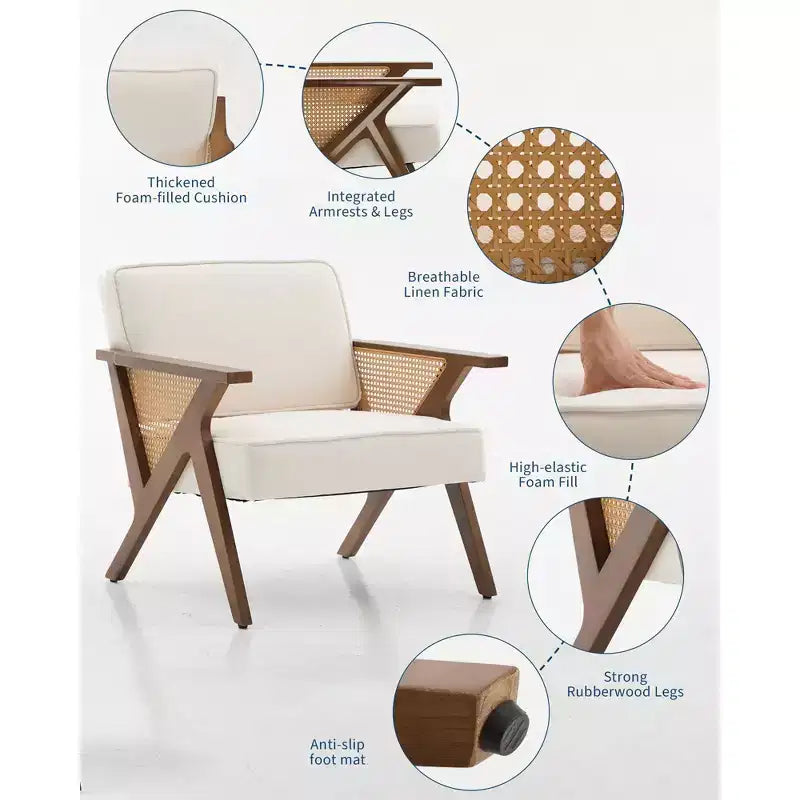 Fauteuil d'appoint avec coussin moelleux, fauteuil moderne du milieu du siècle avec cadre en bois d'hévéa, fauteuil de salon rembourré en tissu de lin pour salon, chambre à coucher