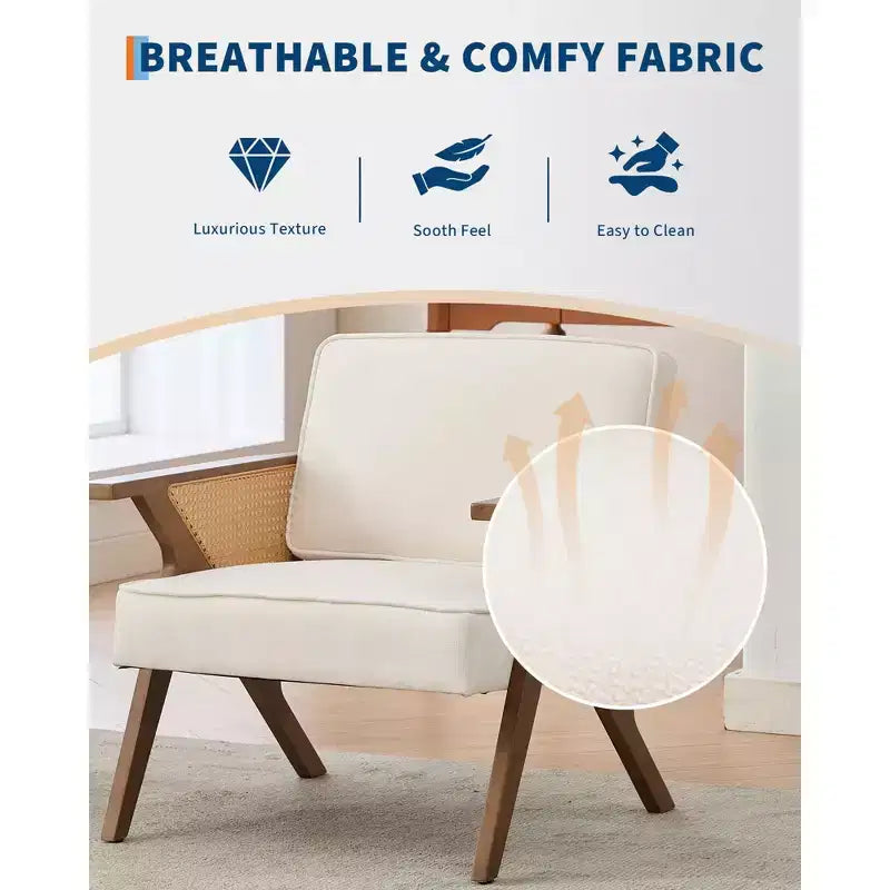 Fauteuil d'appoint avec coussin moelleux, fauteuil moderne du milieu du siècle avec cadre en bois d'hévéa, fauteuil de salon rembourré en tissu de lin pour salon, chambre à coucher