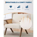Fauteuil d'appoint avec coussin moelleux, fauteuil moderne du milieu du siècle avec cadre en bois d'hévéa, fauteuil de salon rembourré en tissu de lin pour salon, chambre à coucher