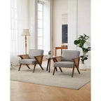 Fauteuil d'appoint avec coussin moelleux, fauteuil moderne du milieu du siècle avec cadre en bois d'hévéa, fauteuil de salon rembourré en tissu de lin pour salon, chambre à coucher