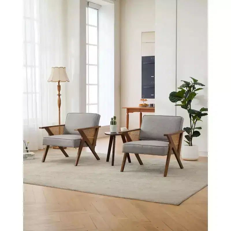 Fauteuil d'appoint avec coussin moelleux, fauteuil moderne du milieu du siècle avec cadre en bois d'hévéa, fauteuil de salon rembourré en tissu de lin pour salon, chambre à coucher
