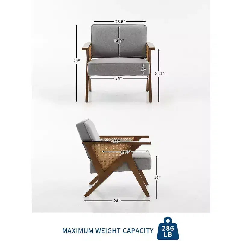 Fauteuil d'appoint avec coussin moelleux, fauteuil moderne du milieu du siècle avec cadre en bois d'hévéa, fauteuil de salon rembourré en tissu de lin pour salon, chambre à coucher