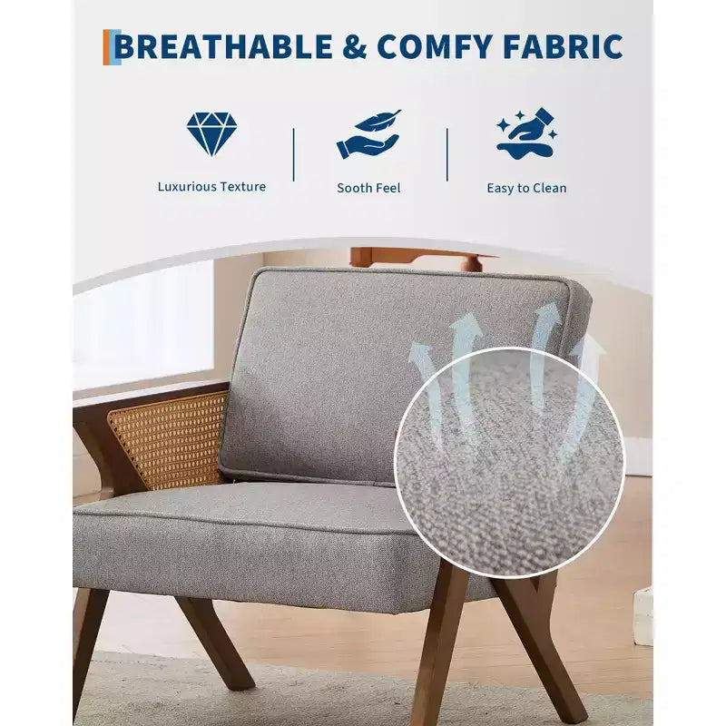 Fauteuil d'appoint avec coussin moelleux, fauteuil moderne du milieu du siècle avec cadre en bois d'hévéa, fauteuil de salon rembourré en tissu de lin pour salon, chambre à coucher