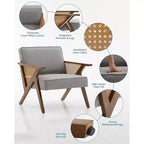 Fauteuil d'appoint avec coussin moelleux, fauteuil moderne du milieu du siècle avec cadre en bois d'hévéa, fauteuil de salon rembourré en tissu de lin pour salon, chambre à coucher