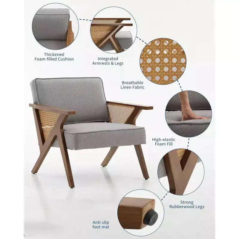 Fauteuil d'appoint avec coussin moelleux, fauteuil moderne du milieu du siècle avec cadre en bois d'hévéa, fauteuil de salon rembourré en tissu de lin pour salon, chambre à coucher