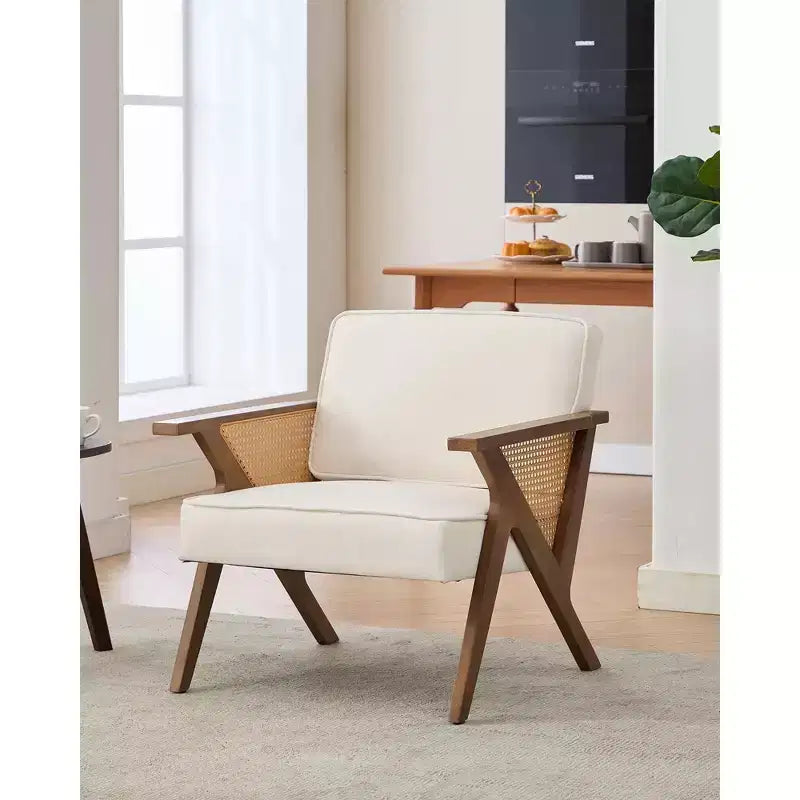 Fauteuil d'appoint avec coussin moelleux, fauteuil moderne du milieu du siècle avec cadre en bois d'hévéa, fauteuil de salon rembourré en tissu de lin pour salon, chambre à coucher