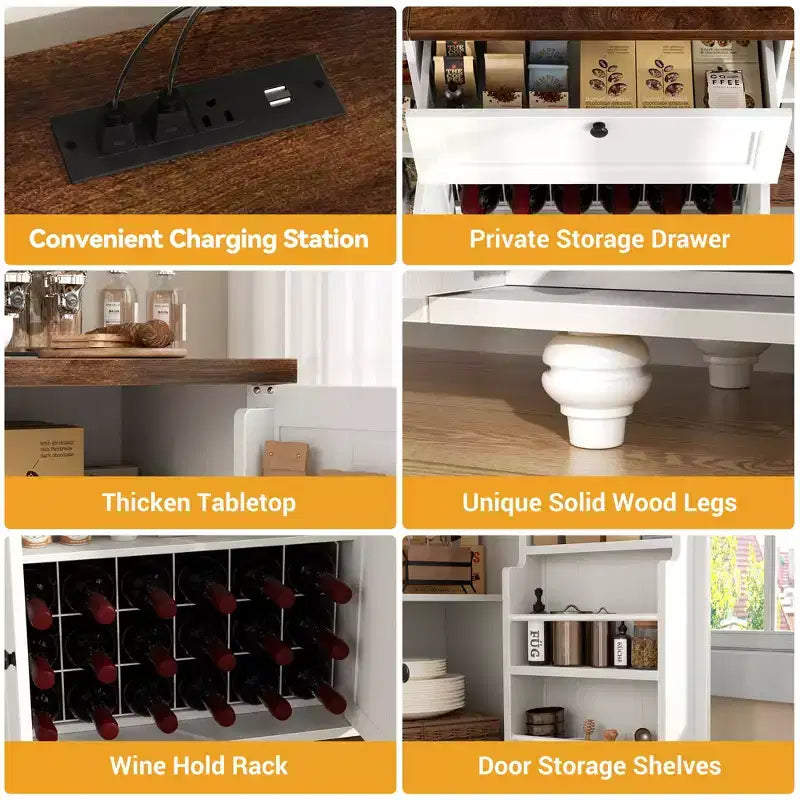 Table de buffet à café Besiost avec rangement et portes, meuble de bar à vin avec casier à vin