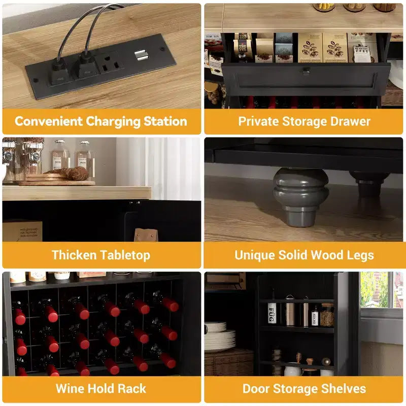 Table de buffet à café Besiost avec rangement et portes, meuble de bar à vin avec casier à vin