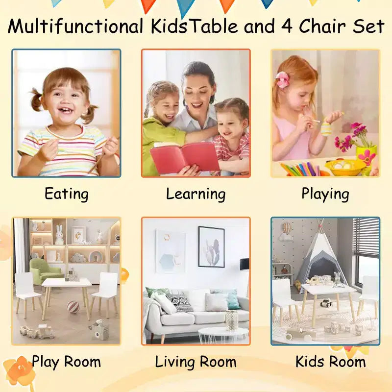 Ensemble Table et Chaises Enfant 5 Pièces Whisen, Table Enfant en Bois avec 4 Chaises Motif Animaux de Dessin Animé