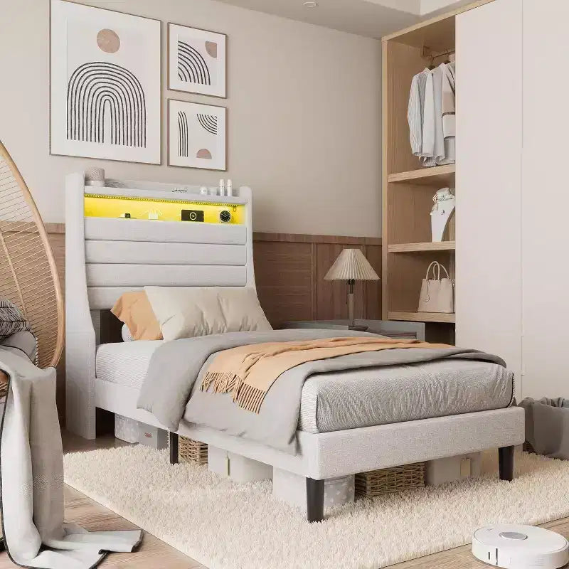 Cadre de lit double Acekool avec station de recharge et lumières LED, lit plateforme rembourré avec tête de lit de rangement, lattes en bois, beige