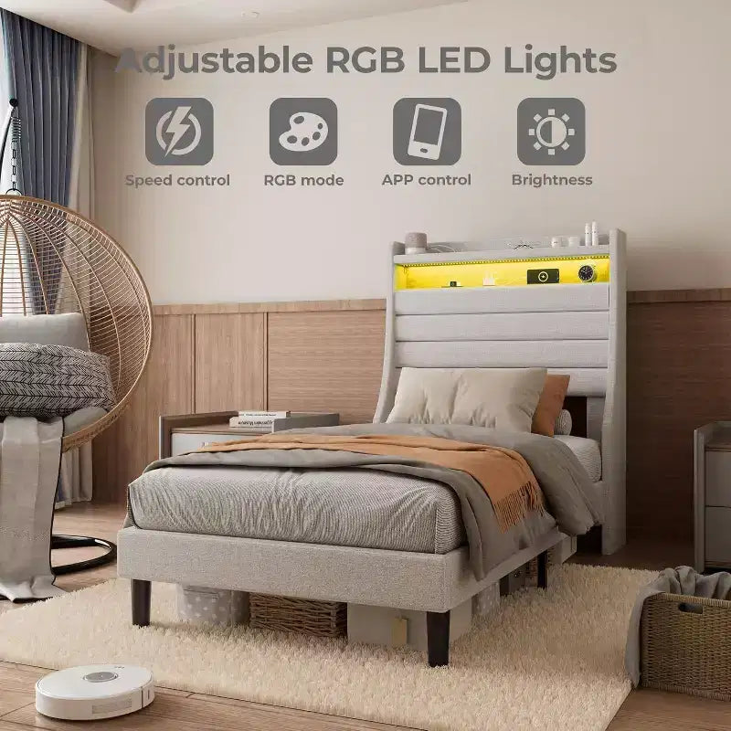 Cadre de lit double Acekool avec station de recharge et lumières LED, lit plateforme rembourré avec tête de lit de rangement, lattes en bois, beige