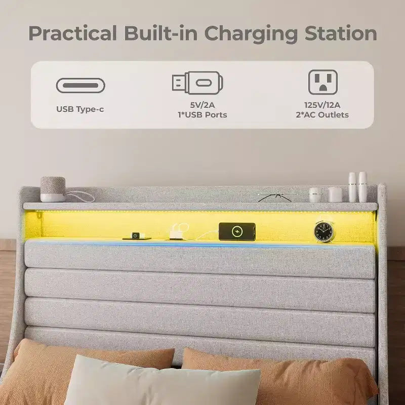 Cadre de lit double Acekool avec station de recharge et lumières LED, lit plateforme rembourré avec tête de lit de rangement, lattes en bois, beige