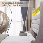 Cadre de lit double Acekool avec station de recharge et lumières LED, lit plateforme rembourré avec tête de lit de rangement, lattes en bois, beige