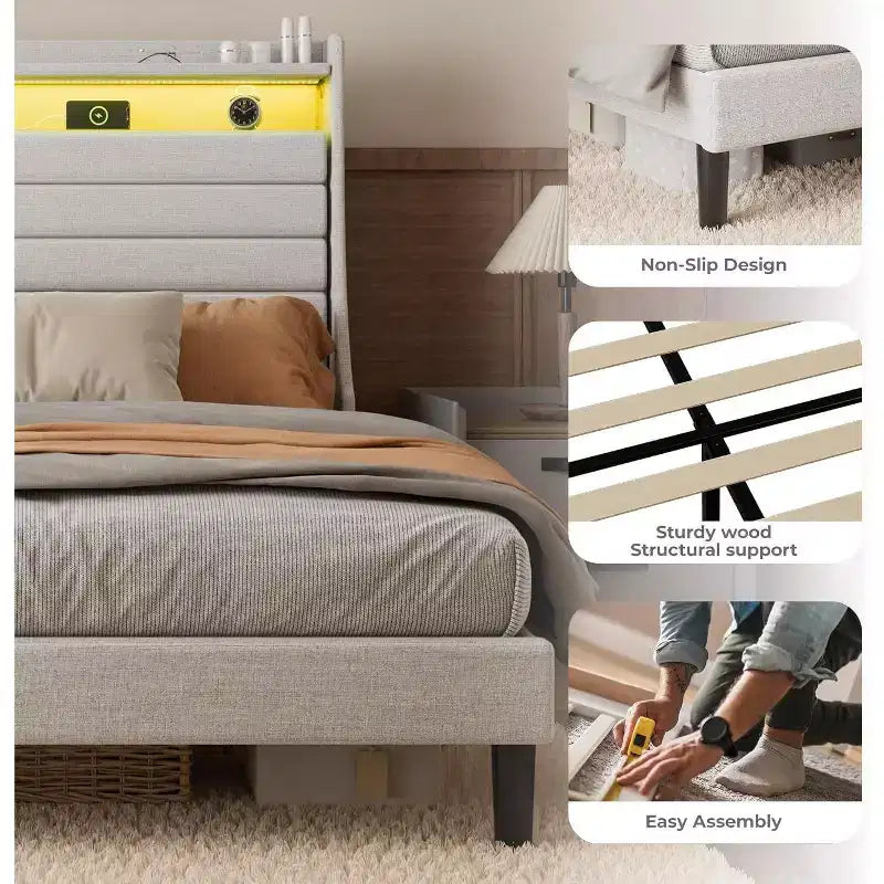 Cadre de lit double Acekool avec station de recharge et lumières LED, lit plateforme rembourré avec tête de lit de rangement, lattes en bois, beige