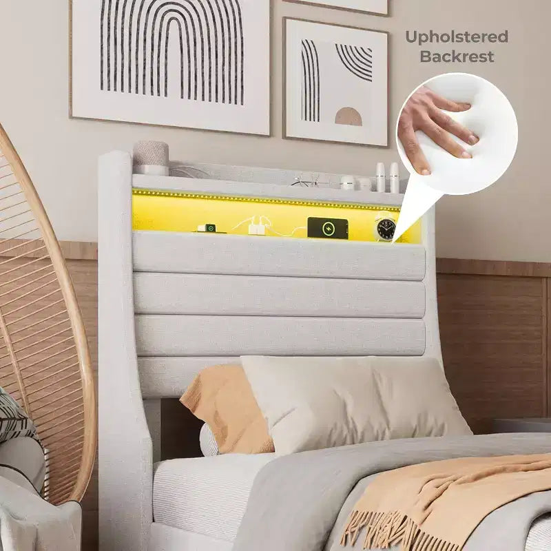 Cadre de lit double Acekool avec station de recharge et lumières LED, lit plateforme rembourré avec tête de lit de rangement, lattes en bois, beige