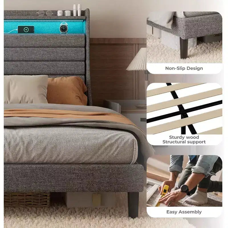 Cadre de lit double Acekool avec station de recharge et lumières LED, lit plateforme rembourré avec tête de lit de rangement, lattes en bois, beige