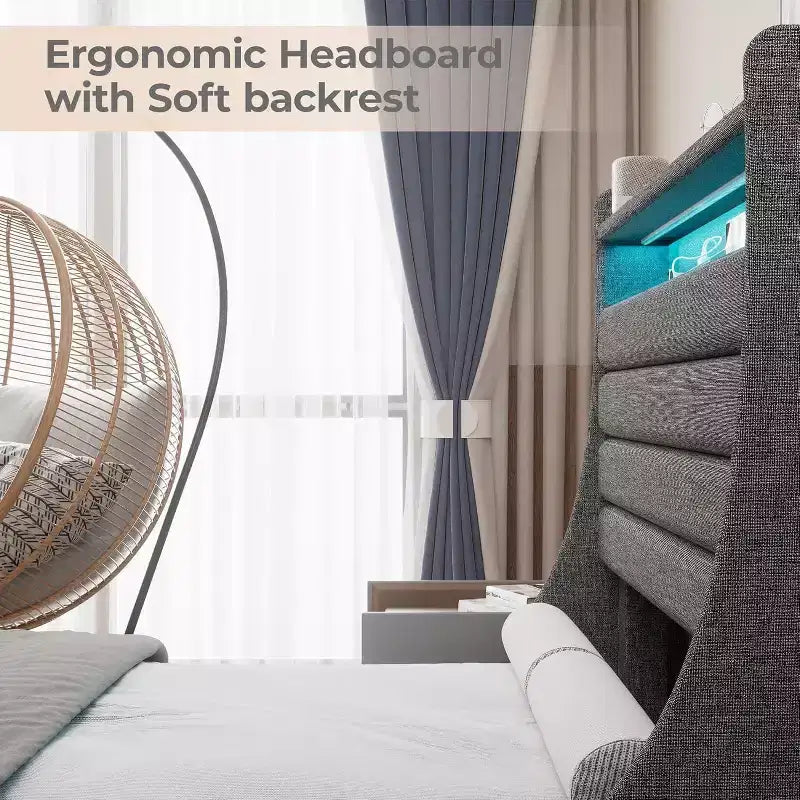 Cadre de lit double Acekool avec station de recharge et lumières LED, lit plateforme rembourré avec tête de lit de rangement, lattes en bois, beige
