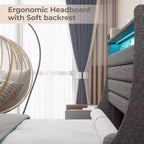 Cadre de lit double Acekool avec station de recharge et lumières LED, lit plateforme rembourré avec tête de lit de rangement, lattes en bois, beige
