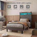Cadre de lit double Acekool avec station de recharge et lumières LED, lit plateforme rembourré avec tête de lit de rangement, lattes en bois, beige