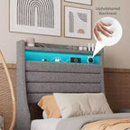 Cadre de lit double Acekool avec station de recharge et lumières LED, lit plateforme rembourré avec tête de lit de rangement, lattes en bois, beige