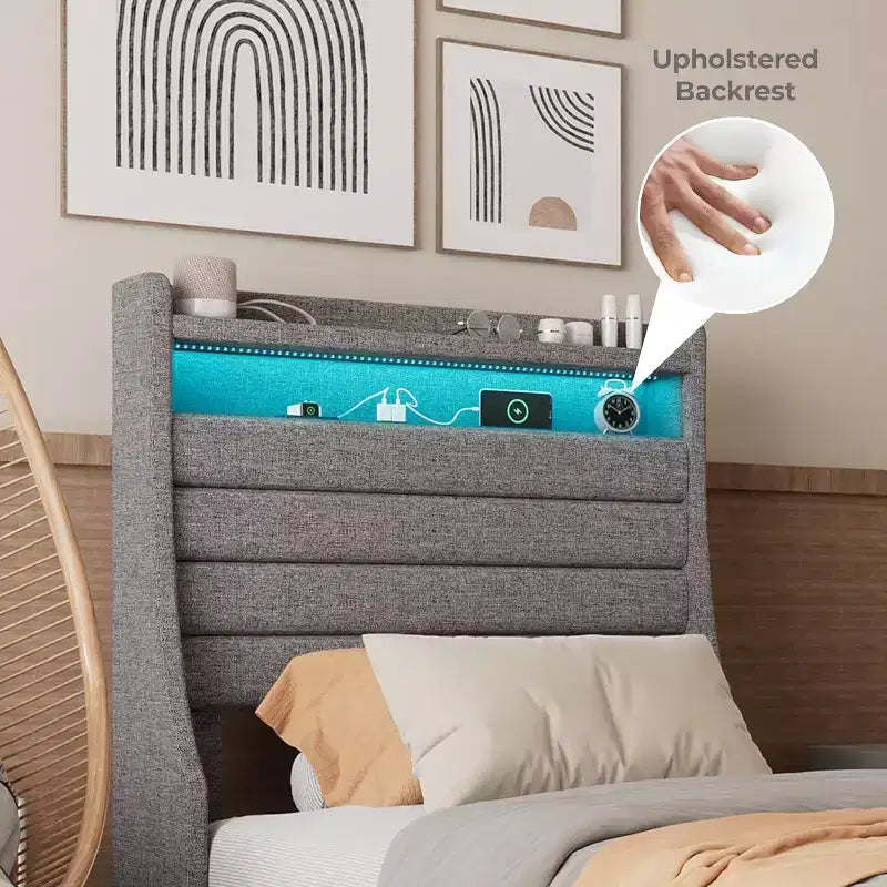Cadre de lit double Acekool avec station de recharge et lumières LED, lit plateforme rembourré avec tête de lit de rangement, lattes en bois, beige